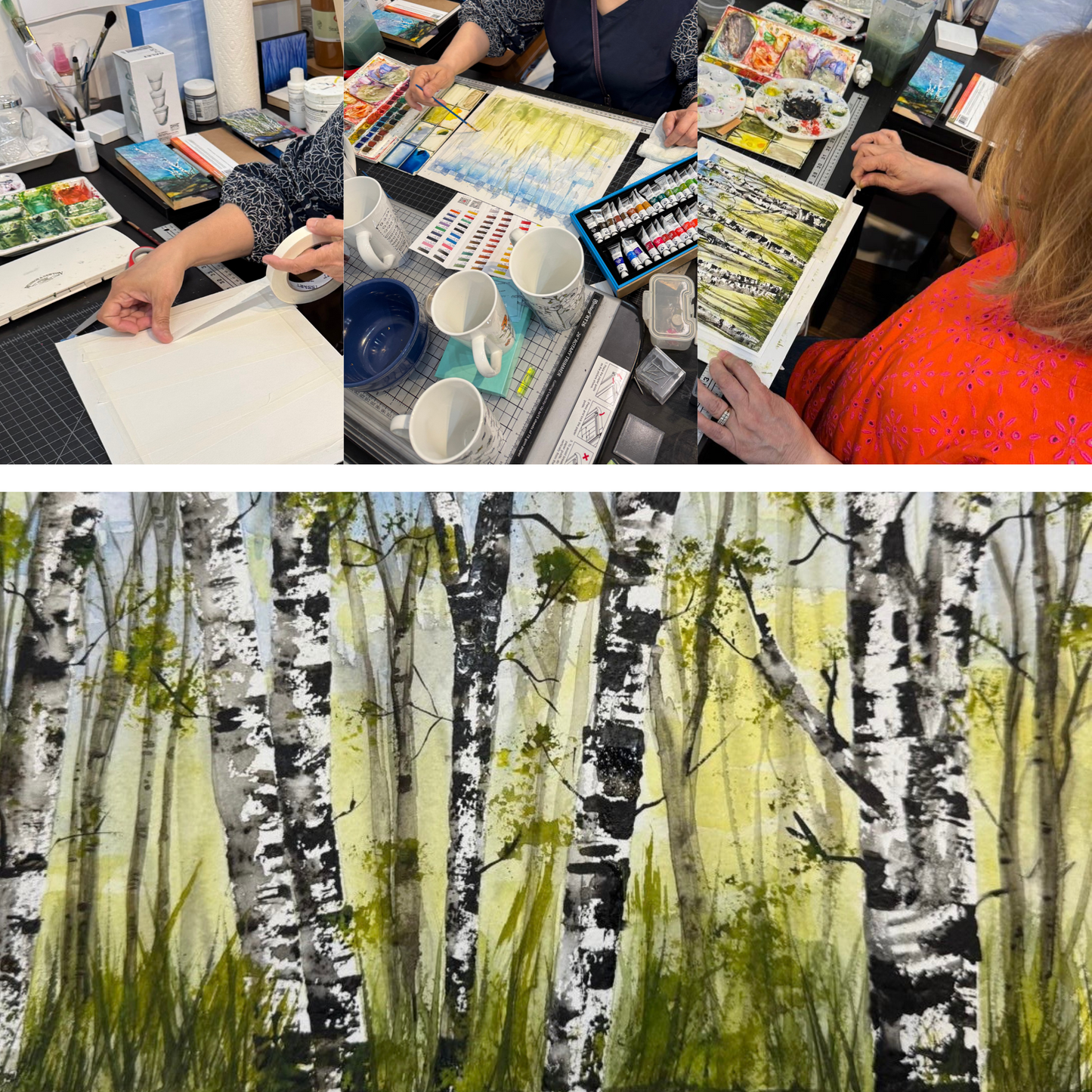 Collage of a person painting with watercolors and the resulting artwork of birch trees at an Artem Gallery art workshop