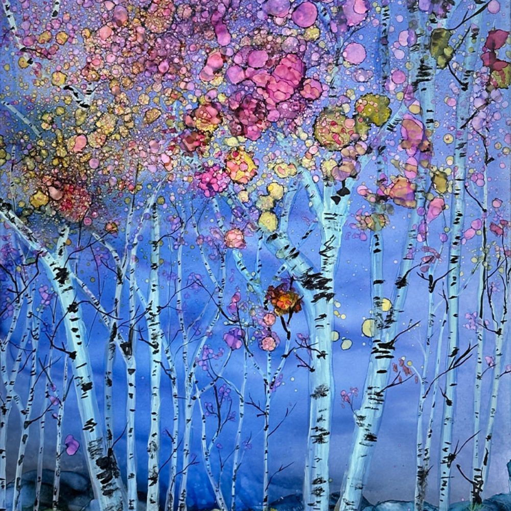 watercolor painting of birch trees by Sarita Kamat
