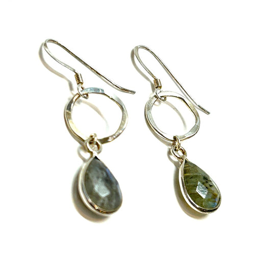 Labradorite Teardrop on Open Circle . Link Earrings SS - by Sarita Kamat|3846