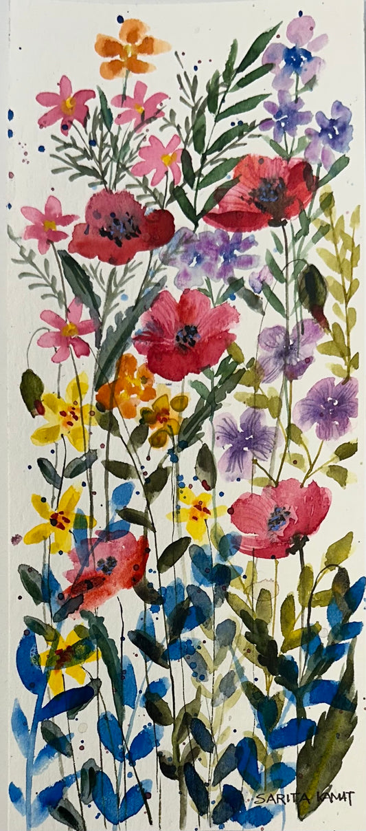 Watercolor painting of colorful flowers with green leaves made during a watercolor painting workshop at Artem Gallery