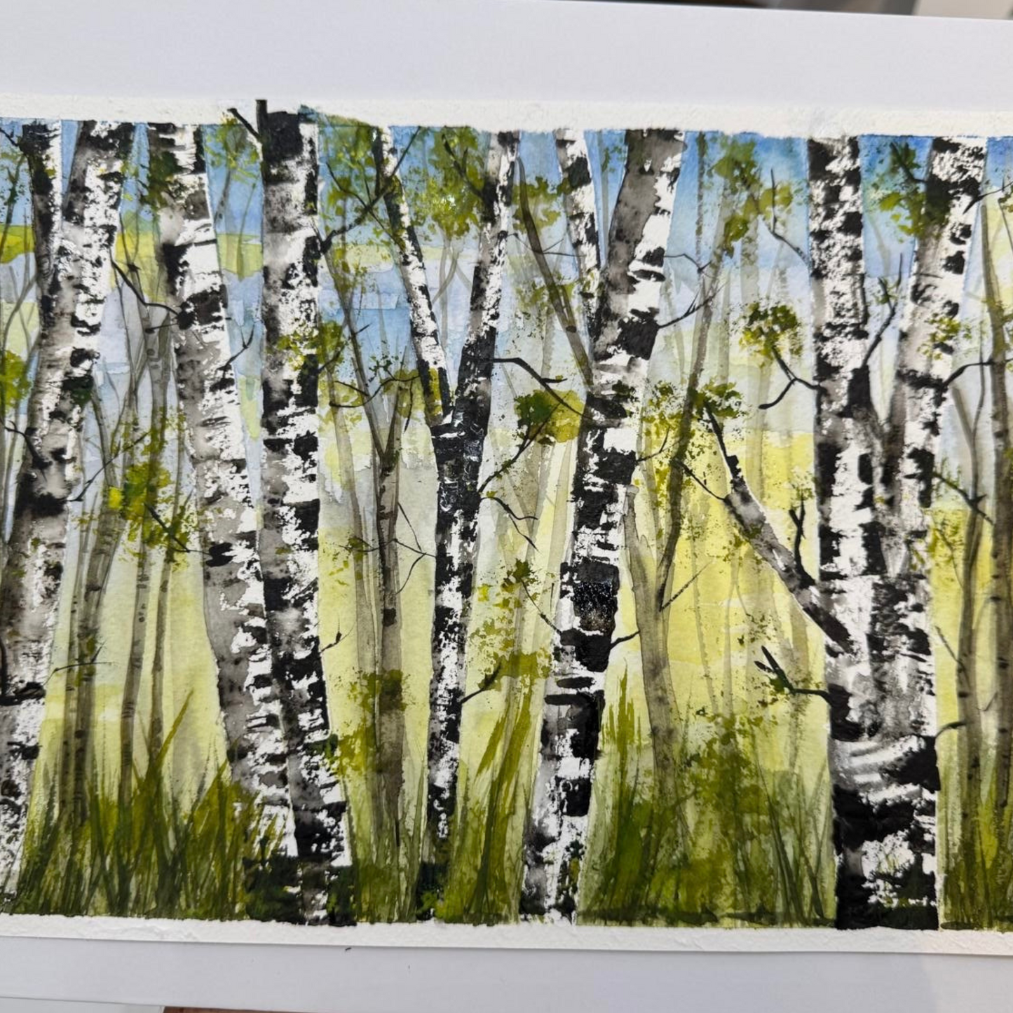Artistic depiction of a forest with birch trees made during a watercolor workshop with Sarita Kamat at Artem Pop Up Gallery