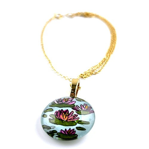 Waterlilies HAnd-painted on Glass Pendant Necklace ,14kgf - by Sarita Kamat|3959