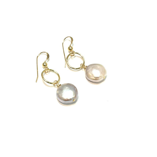 Gray Freshwater Coin Pearl on open circle link Earrings 14K gold filled - by Sarita Kamat|3809