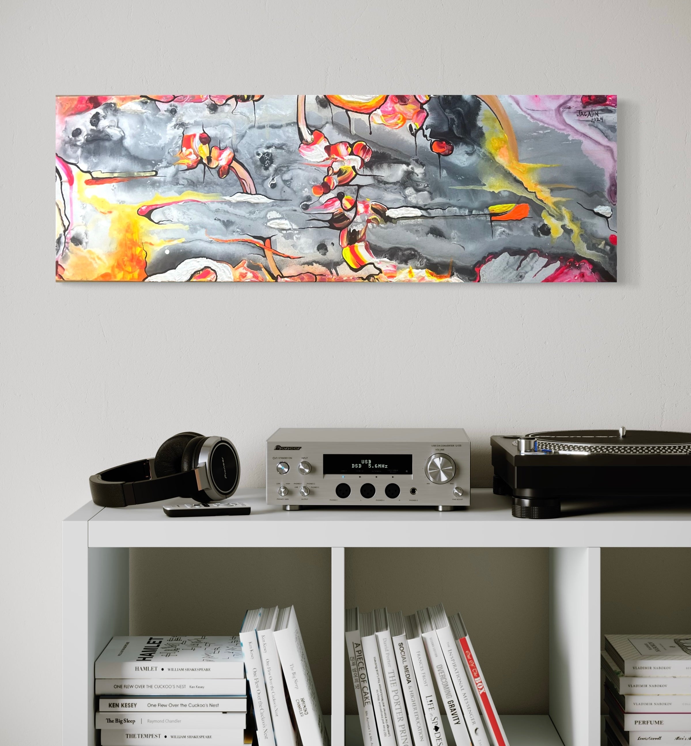 Unique grey, pink, yellow and purple painting by Jacalin Oser