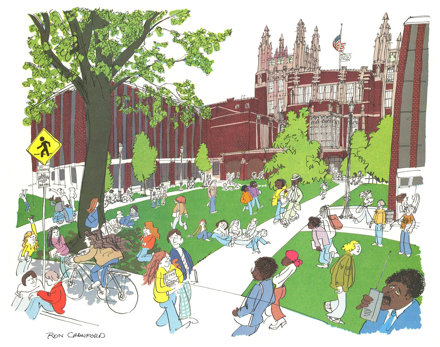 Ron Crawford illustraion of the Evanston Township High School campus