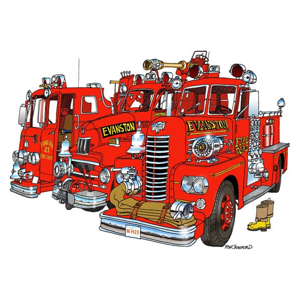 Ron Crawford illustration of red Evanston firetrucks