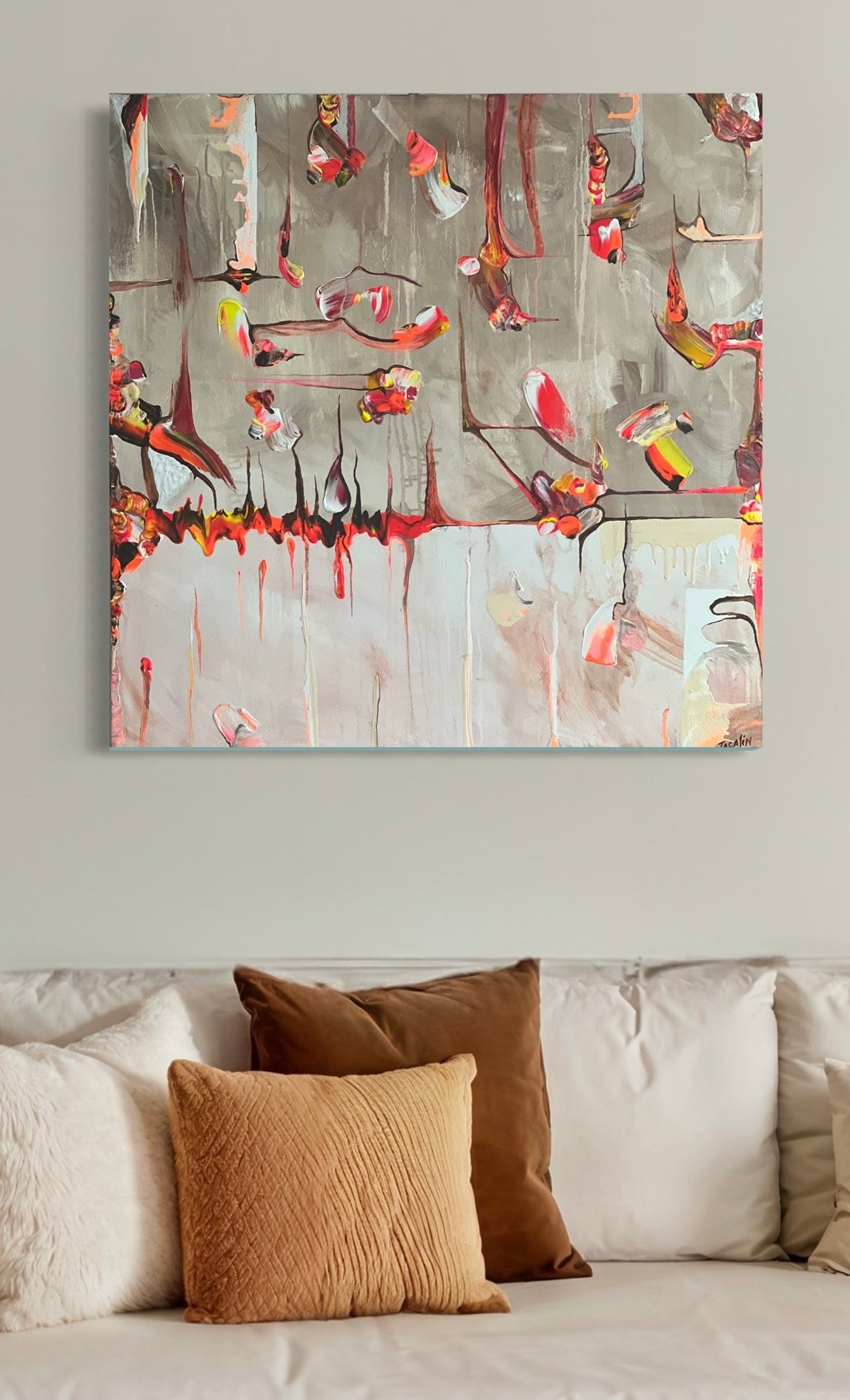 Horizon Shine, grey painting with pink and yellow flourishes by Jacalin Oser