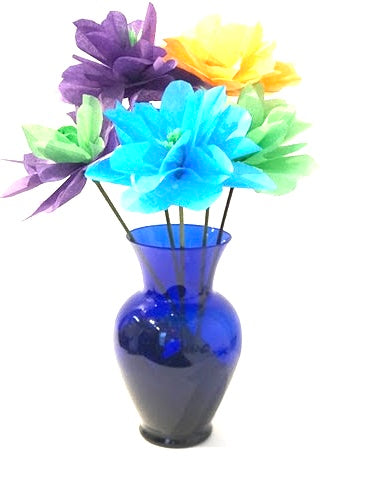 Colorful flowers in a blue vase on a white background made during an art workshop with Sarita Kamat at Artem Gallery