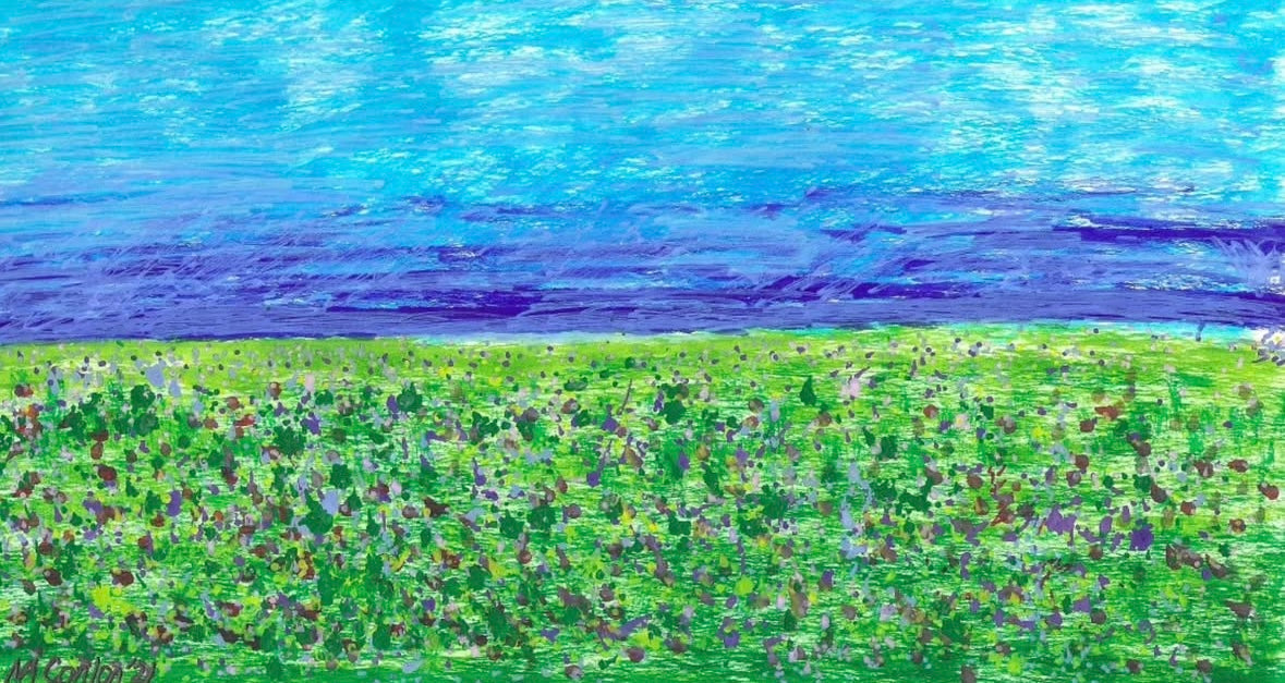 landscape painting of grass and lake by Matt Conlon