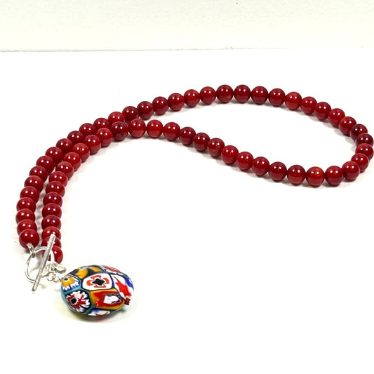 Coral Bead Necklace with Millefiori Glass Pendant - by Sarita Kamat Designs|5612