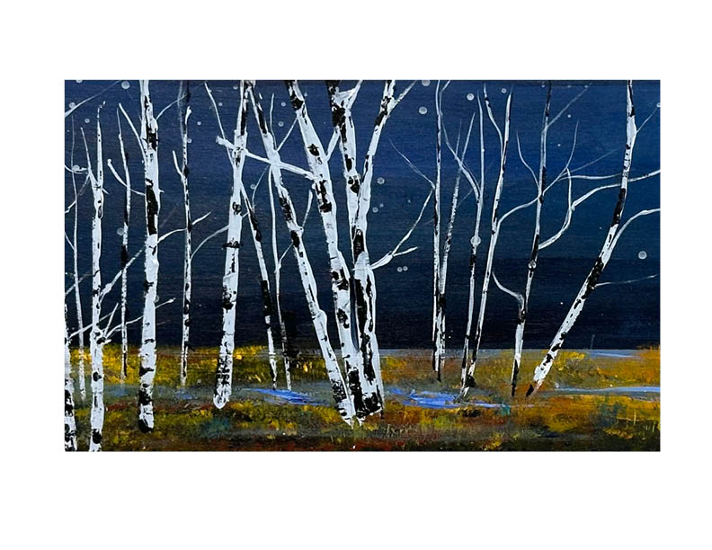 Painting of birch trees against a dark blue sky with a yellow ground.
