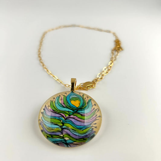 Peacock Feather Hand-painted Glass Pendant Necklace 14kgf|3977