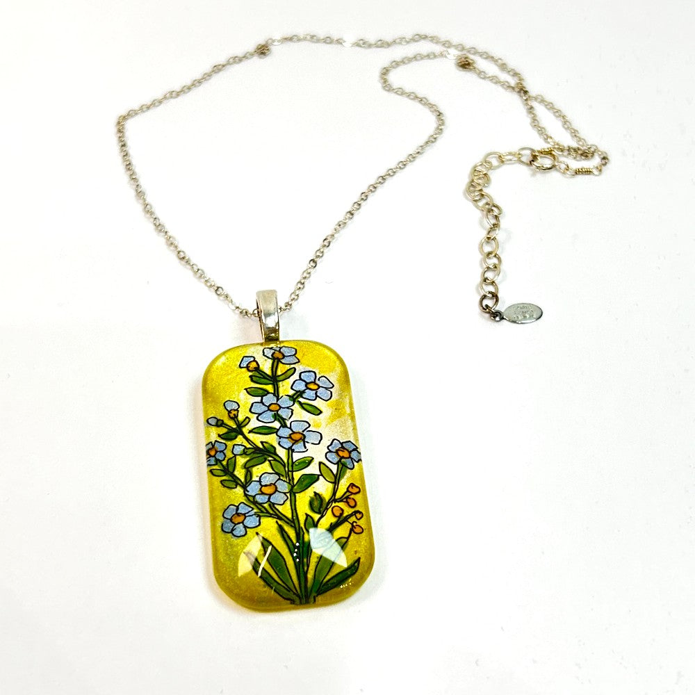 Forget-Me-Not Flowers Hand-painted Glass Pendant Sterling Silver - by Sarita Kamat Designs|4932
