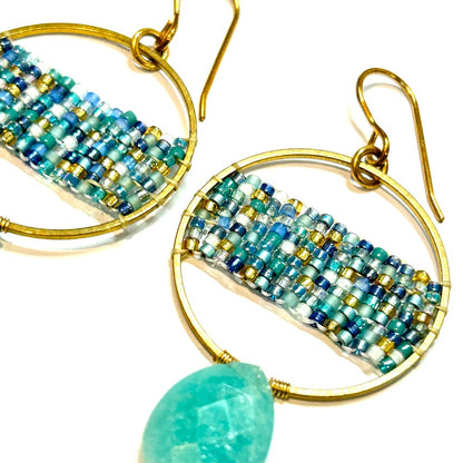 EARRINGS SEA COLORS BEADED WEAVING HOOPS W/AMAZONITE TEARDROPS by Shelby Koester|3780