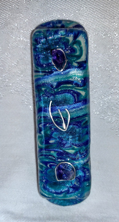 Bluish Green Mezuzah with Amethysts - by Rachael Gross|4815