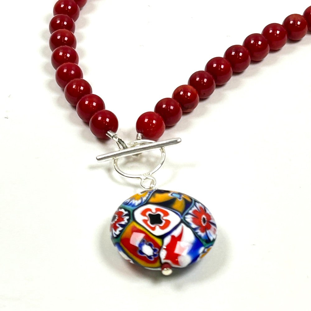 Coral Bead Necklace with Millefiori Glass Pendant - by Sarita Kamat Designs|5613