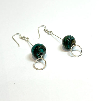 Dark Green Marble Earrings with silver circle link - by Terry Nugent|3699