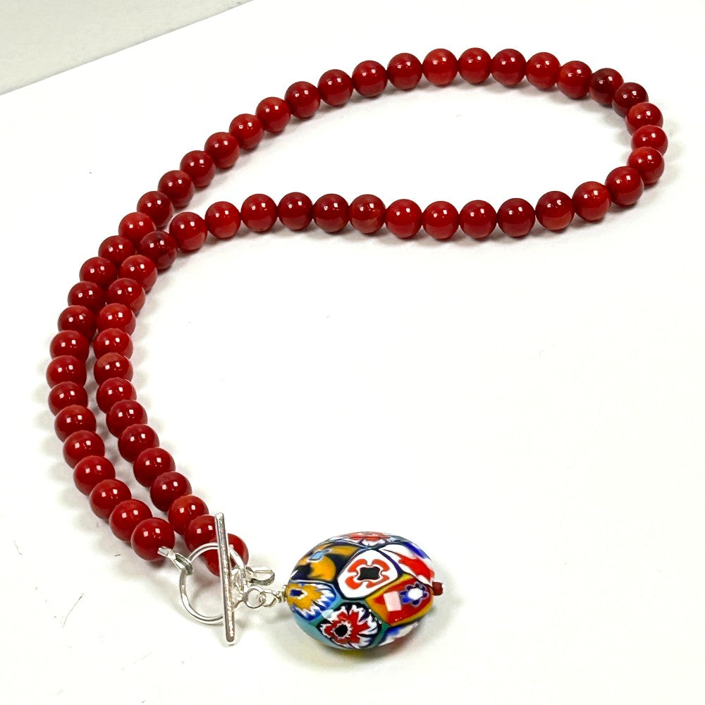 Coral Bead Necklace with Millefiori Glass Pendant - by Sarita Kamat Designs|5614