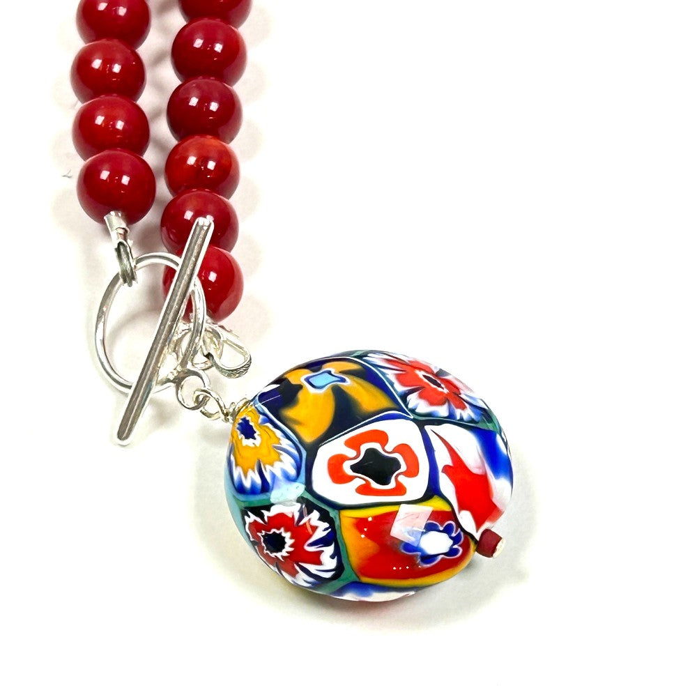 Coral Bead Necklace with Millefiori Glass Pendant - by Sarita Kamat Designs|5615