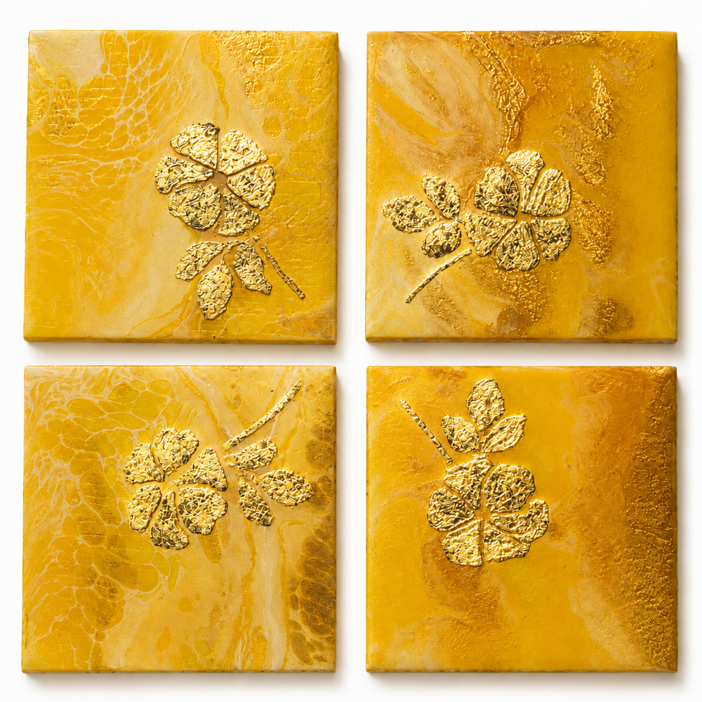 Yellow with Gold Foil Flower - Set of 4 - by Alka Sharma|4381