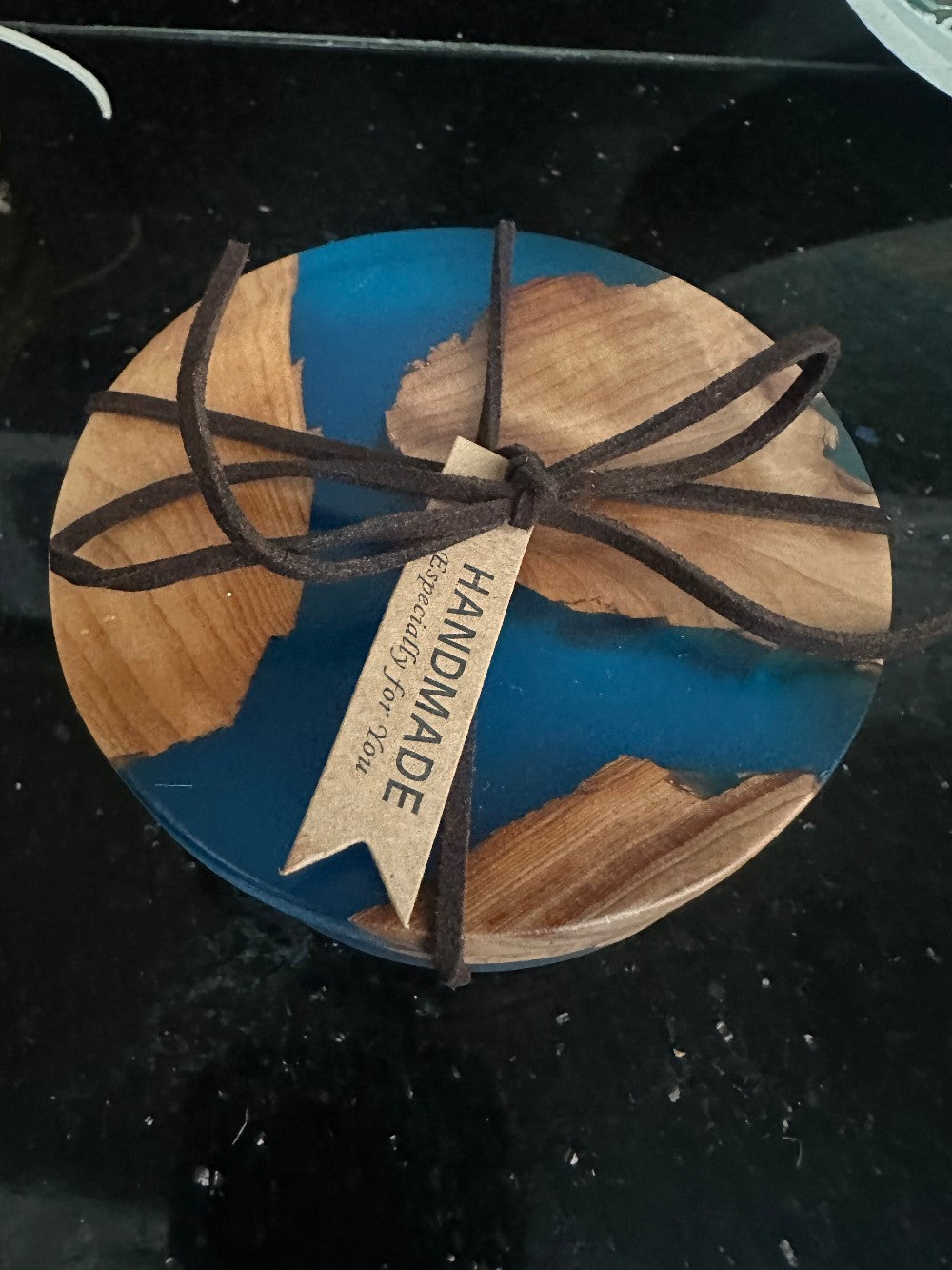Blue Resin and Natural Wood Circle Coasters|4204
