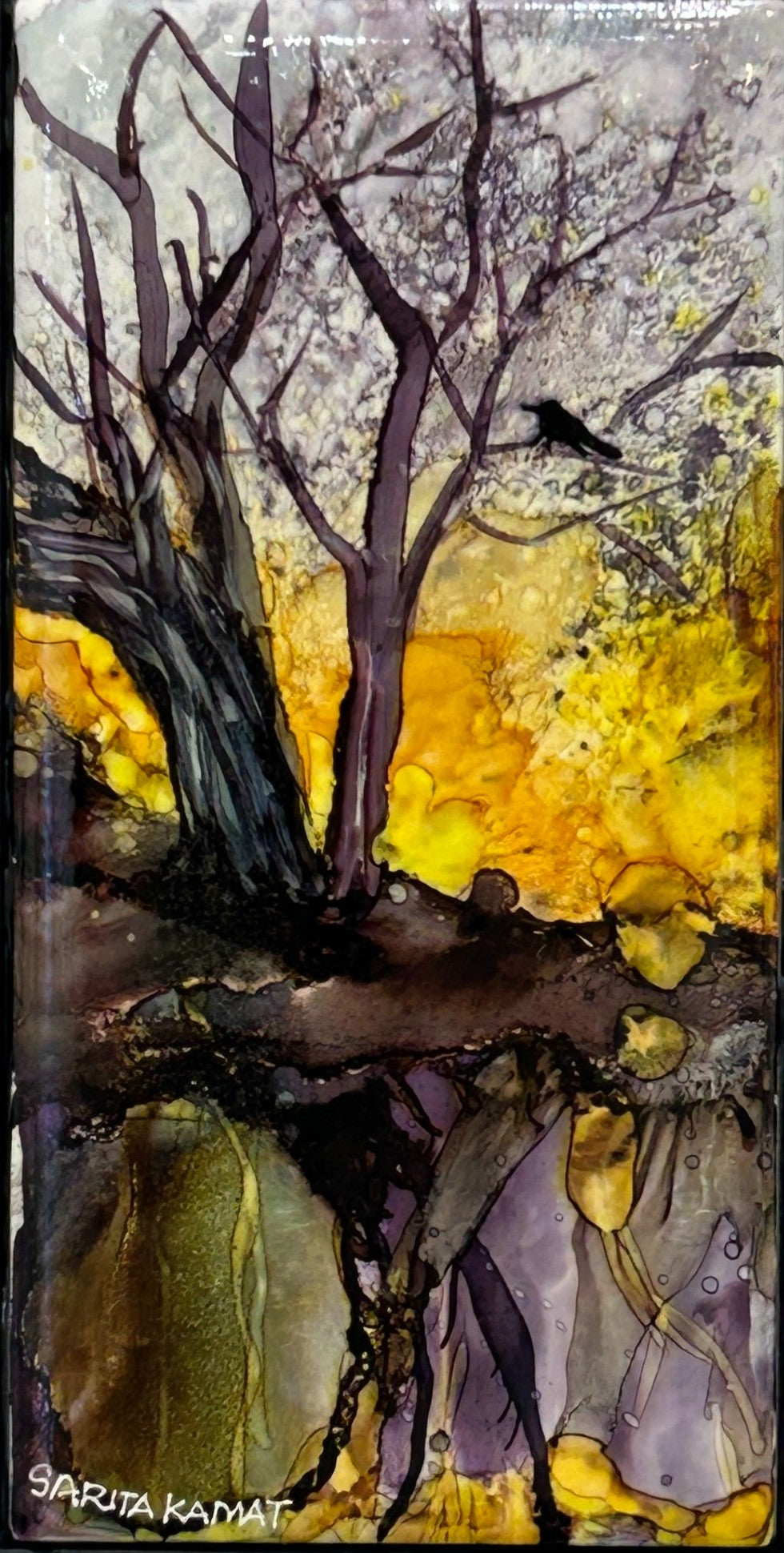 The Solitary Bird - Alcohol Ink PAinting - by Sarita Kamat Designs|5055