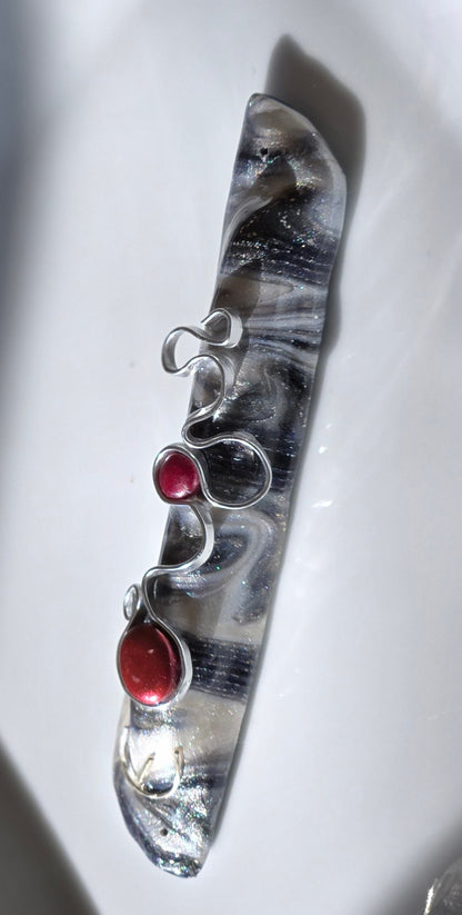 Silver and Black swirly Mezuzah with Silver Wire and Red Beads - by Rachael Gross|4878