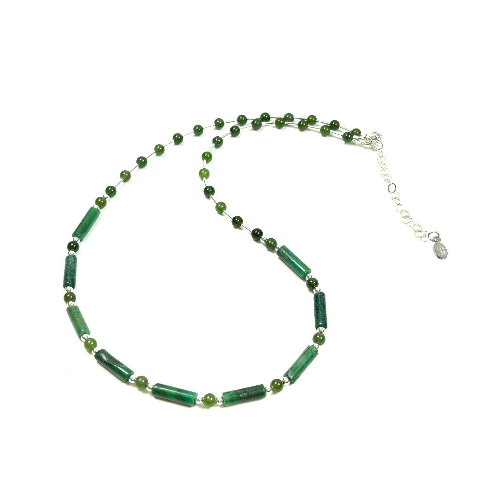 Jade Tube and Round Bead Sterling Silver Necklace - by Sarita Kamat Designs|4618