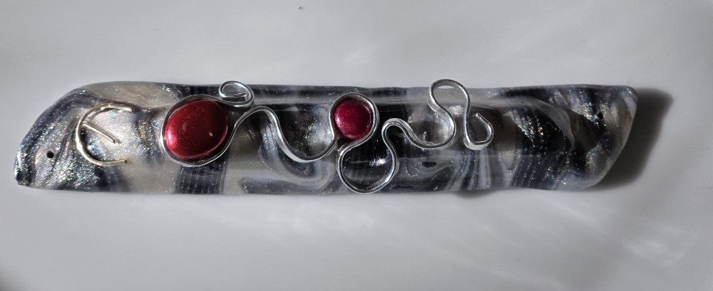 Silver and Black swirly Mezuzah with Silver Wire and Red Beads - by Rachael Gross|4875