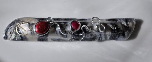 Silver and Black swirly Mezuzah with Silver Wire and Red Beads - by Rachael Gross|4875