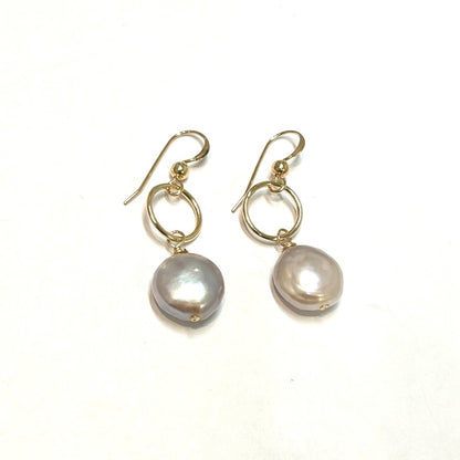 Gray Freshwater Coin Pearl on open circle link Earrings 14K gold filled - by Sarita Kamat|3808