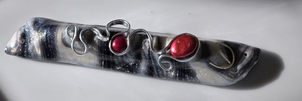 Silver and Black swirly Mezuzah with Silver Wire and Red Beads - by Rachael Gross|4874
