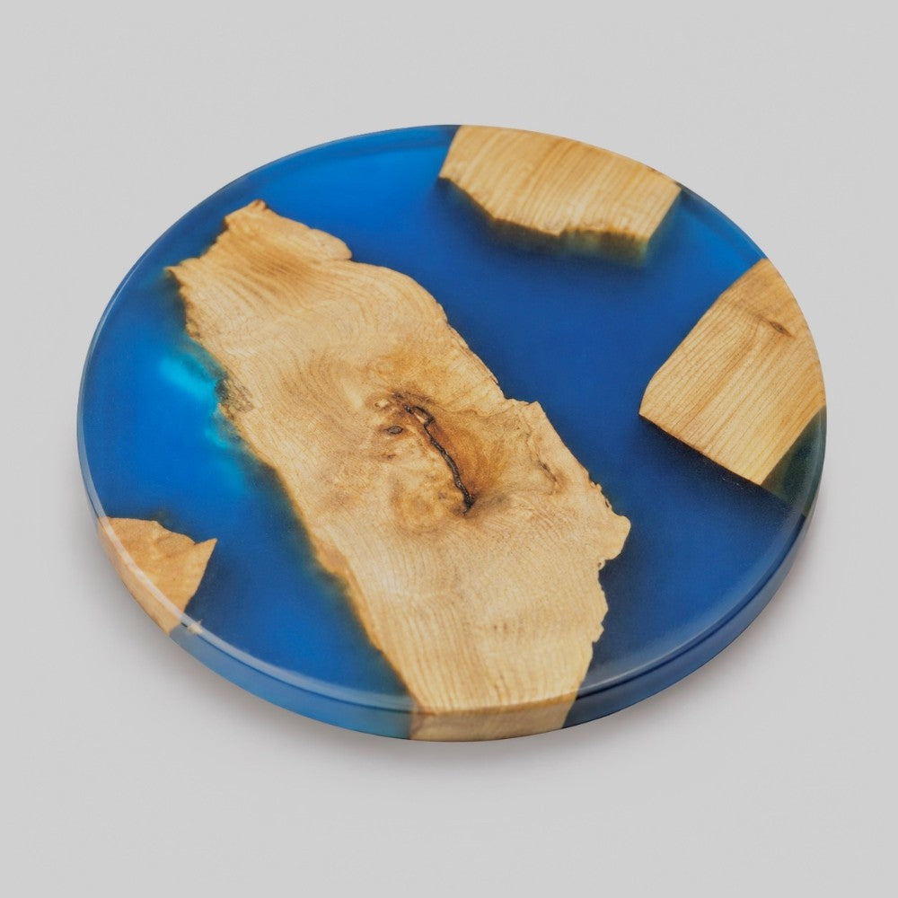 Blue Resin and Natural Wood Circle Coasters|4406