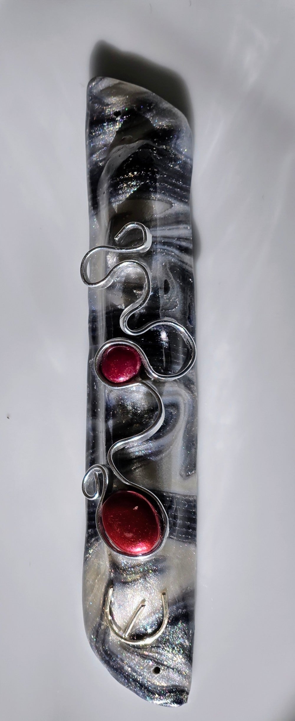 Silver and Black swirly Mezuzah with Silver Wire and Red Beads - by Rachael Gross|4876