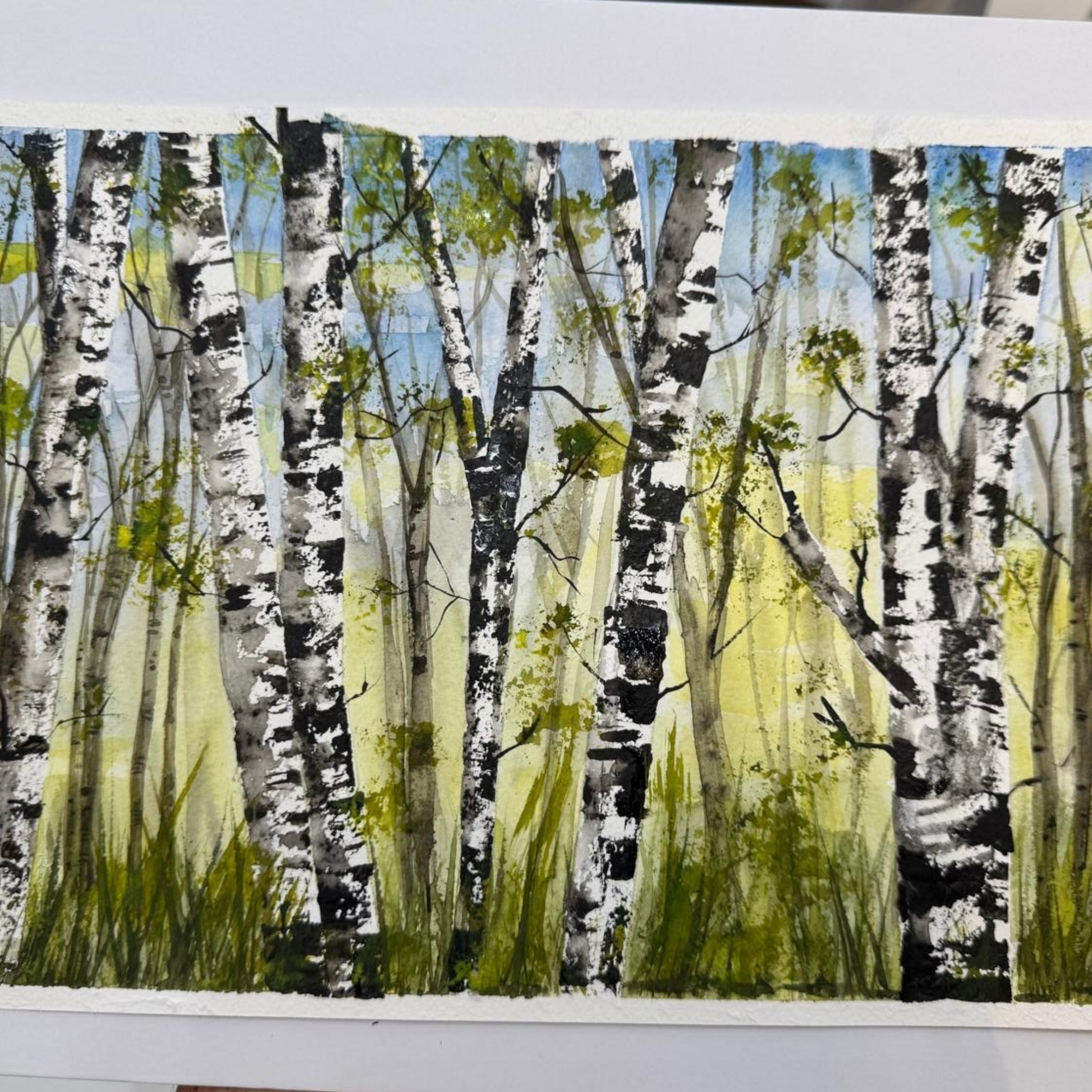 Artistic depiction of a forest with birch trees made during a watercolor workshop with Sarita Kamat at Artem Pop Up Gallery