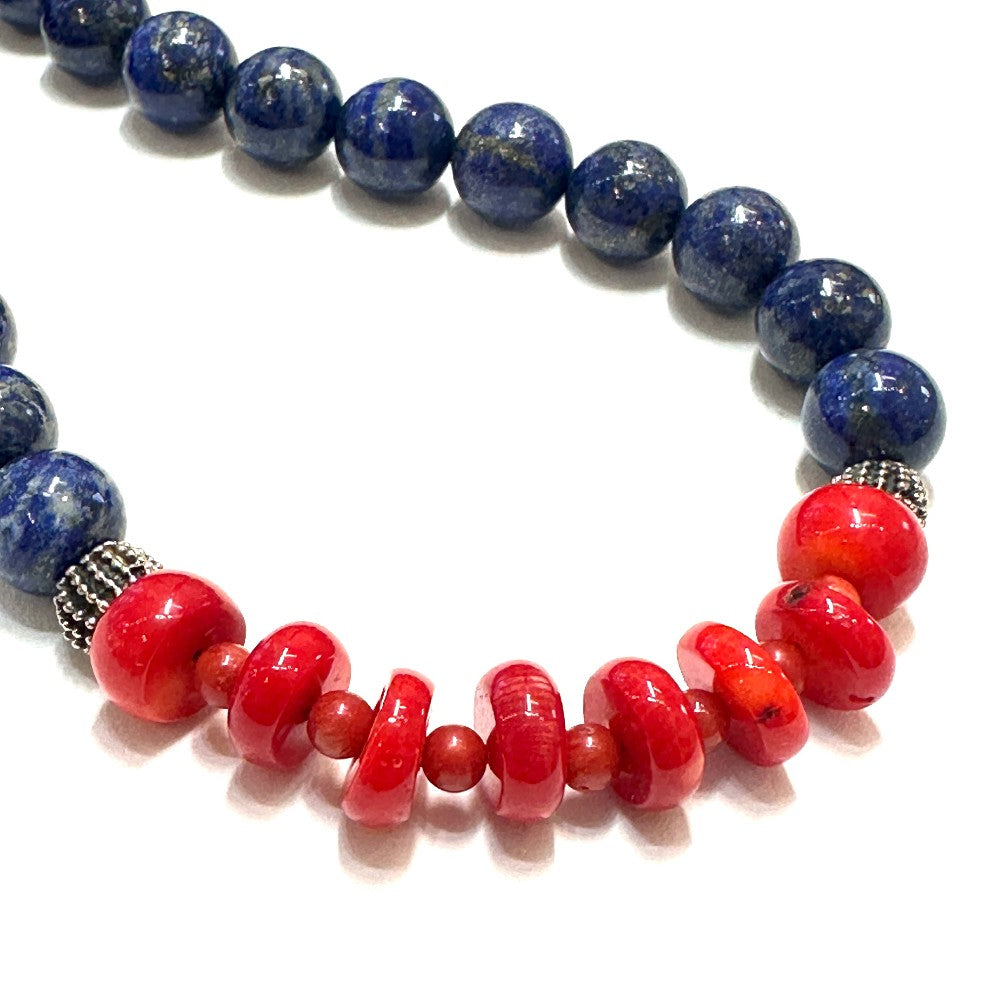 Lapis And Coral Necklace with Pewter i accent beads -|3399