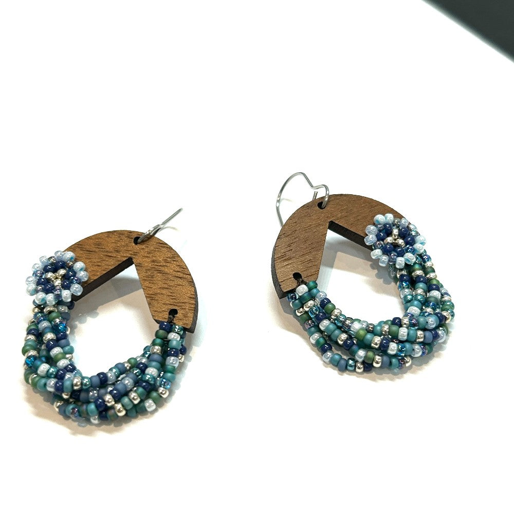 EARRINGS RIVULET SB HOOP W/WALNUT WOOD & FLOWERS - by Shelby Koester|3784