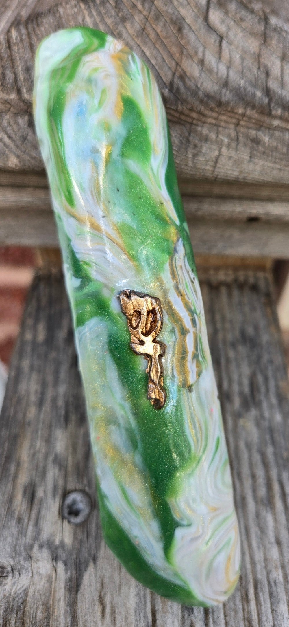 Green and gold stonelike Mezuzah - by Rachael Gross|4835