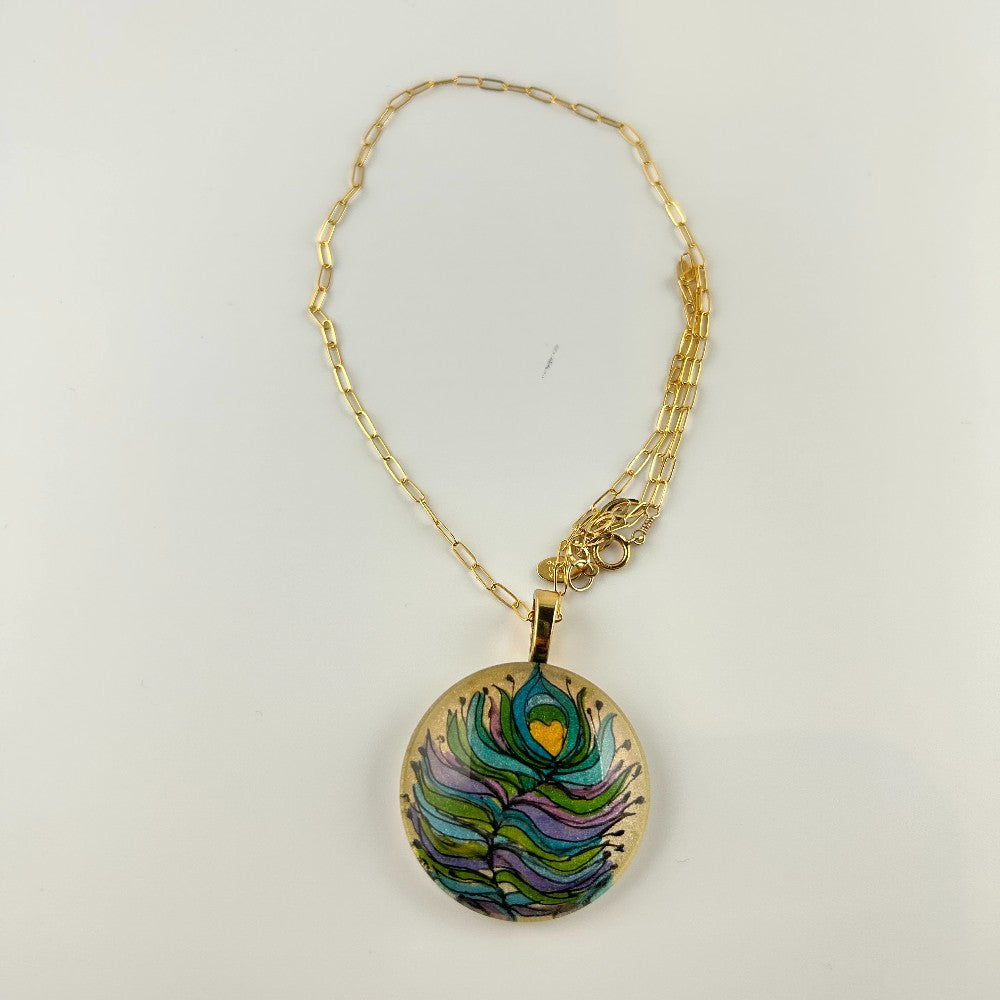 Peacock Feather Hand-painted Glass Pendant Necklace 14kgf|3979