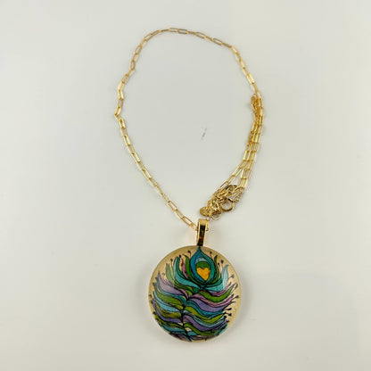 Peacock Feather Hand-painted Glass Pendant Necklace 14kgf|3979
