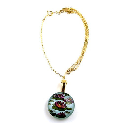 Waterlilies HAnd-painted on Glass Pendant Necklace ,14kgf - by Sarita Kamat|3957