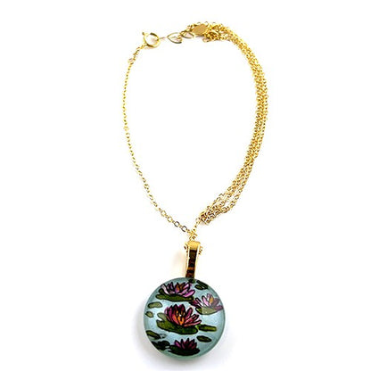 Waterlilies HAnd-painted on Glass Pendant Necklace ,14kgf - by Sarita Kamat|3957