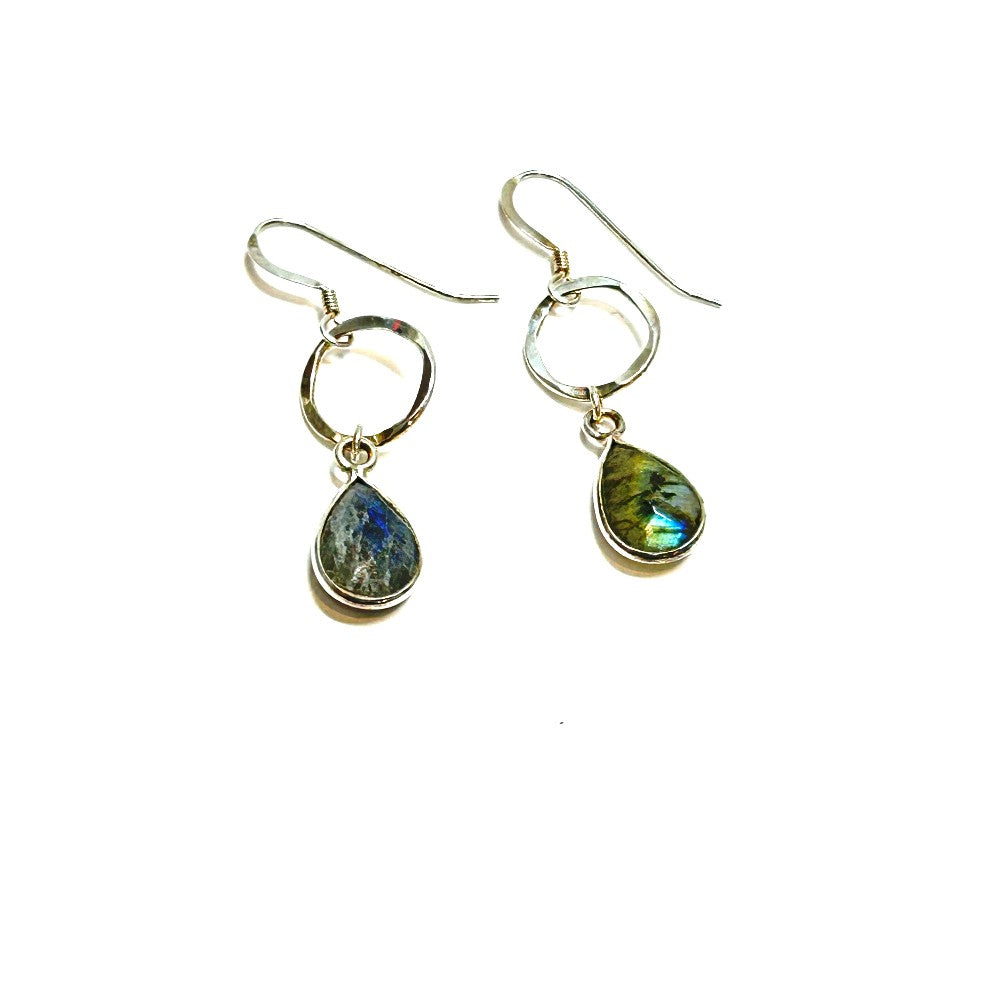 Labradorite Teardrop on Open Circle . Link Earrings SS - by Sarita Kamat|3845