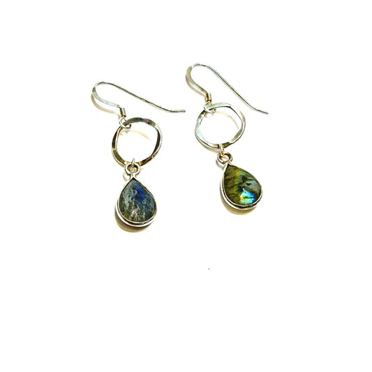 Labradorite Teardrop on Open Circle . Link Earrings SS - by Sarita Kamat|3845