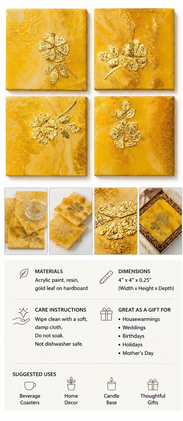 Yellow with Gold Foil Flower - Set of 4 - by Alka Sharma|4383