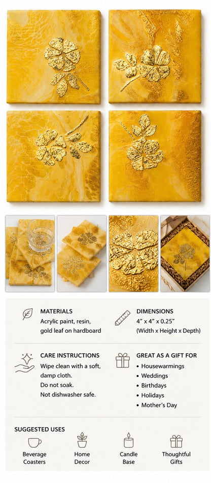 Yellow with Gold Foil Flower - Set of 4 - by Alka Sharma|4383