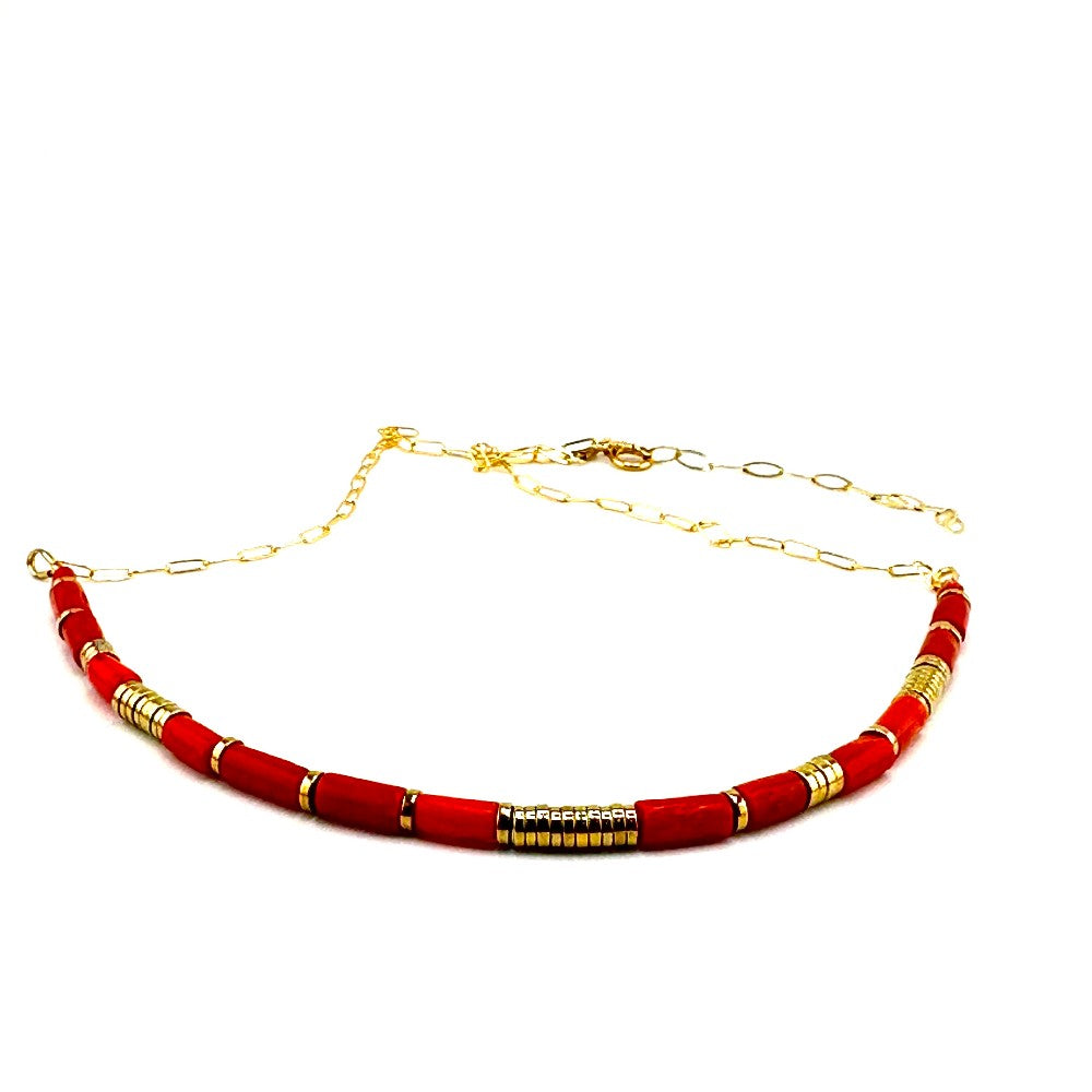 Coral and Hematite Necklace 14k gold filled|3479