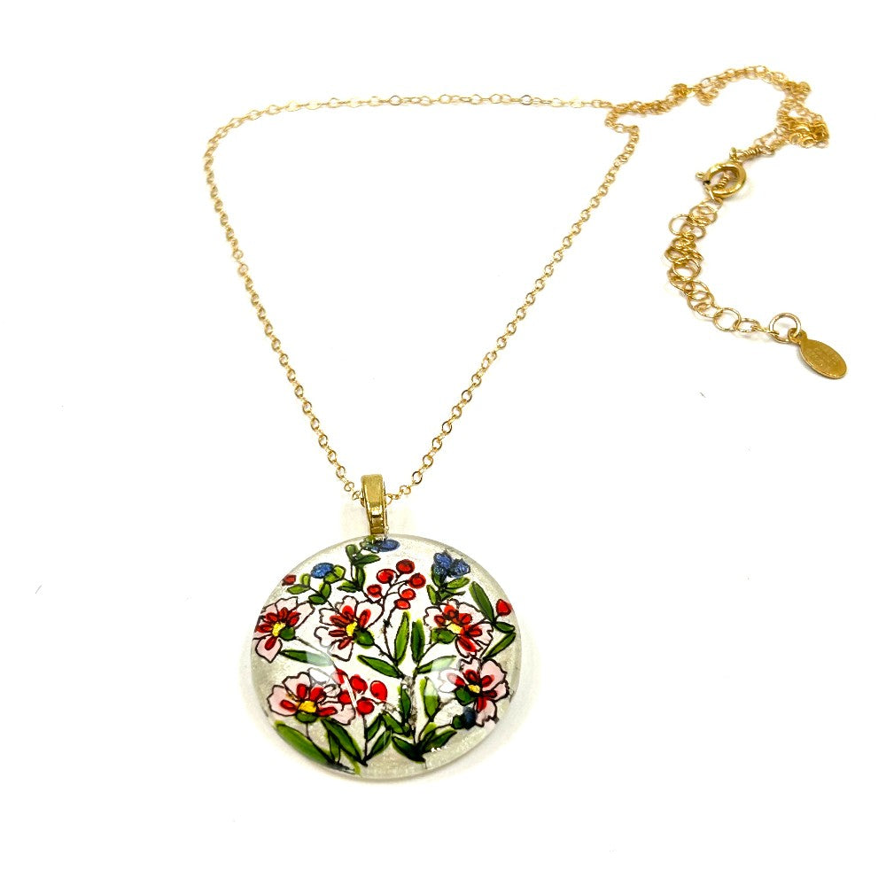 Floral Vines Hand-painted Glass Necklace 14k GF - by Sarita Kamat Designs|4924