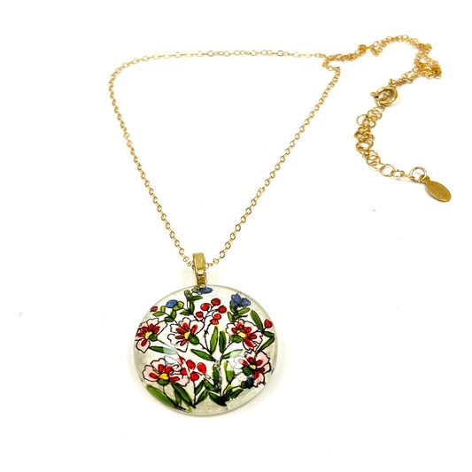 Floral Vines Hand-painted Glass Necklace 14k GF - by Sarita Kamat Designs|4924