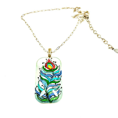 Hand-Painted Peacock Feather Necklace, SS by Sarita Kamat Designs|4918